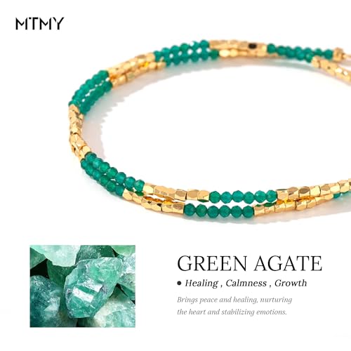 MTMY Beaded Gemstone Choker Necklace for Women | 14K Gold Plated, Colorful Natural Stone, Bead Chain, Boho Summer Beach, Handmade Jewelry - color: Green Agate