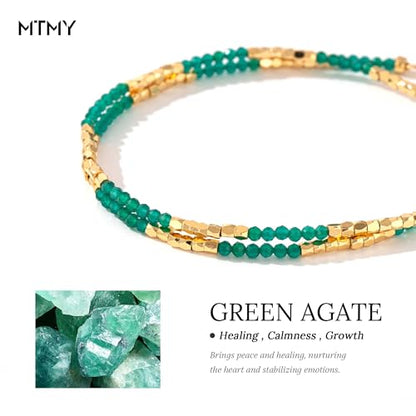 MTMY Beaded Gemstone Choker Necklace for Women | 14K Gold Plated, Colorful Natural Stone, Bead Chain, Boho Summer Beach, Handmade Jewelry - color: Green Agate