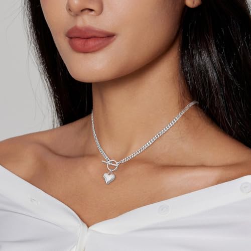 HERIER Cute Heart Necklace Dainty 18k Gold Plated Tiny Heart Pendant Choker Necklaces Small Gold Love Open Heart Chain Necklace for Women Simple Gold Necklace for Women Trendy Jewelry - color: Chunky Puffy Heart Necklace-Silver