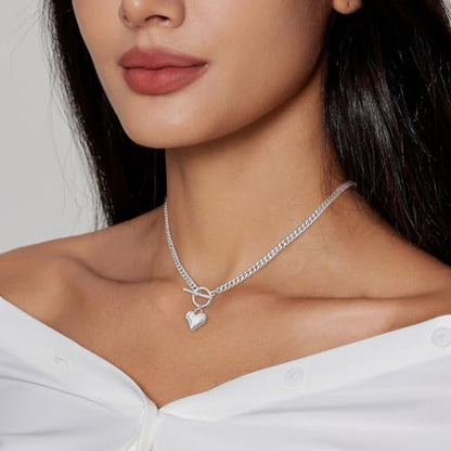 HERIER Cute Heart Necklace Dainty 18k Gold Plated Tiny Heart Pendant Choker Necklaces Small Gold Love Open Heart Chain Necklace for Women Simple Gold Necklace for Women Trendy Jewelry - color: Chunky Puffy Heart Necklace-Silver