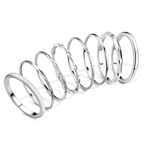 YADOCA 8Pcs 1MM 2MM Stainless Steel Rings for Women Men Minimalist Fashion Dainty Plain Thin Knuckle Stacking Midi Thumb Rings Stackable Statement Band Rings Set Silver Gold Tone Size 4-12 - color: Silver