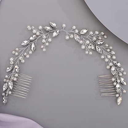 Hair Vine for Women Bridal Hair Comb for Bride Pearls Crystal Hair Comb Slide SILVER