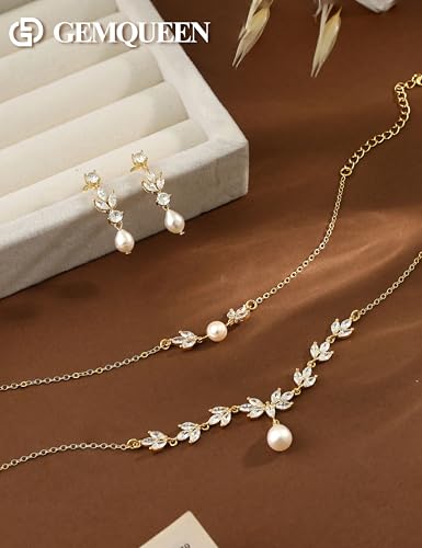 14K Gold Plated Pearl Jewelry Set 925 Sterling SIlver Post | Dainty Dangle Earrings Adjustment Pearl Necklace Bracelet Wedding Jewelry Sets for Bride Bridesmaid Trendy - color: Gold 2