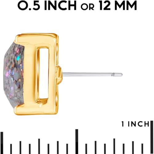 Large Square Stud Earrings for Women - Big Sparkly Rhinestone Studs | Plated in Gold Tone or Silver Tone, Hypoallergenic and Safe for Sensitive Ears - color: Iridescent Glitter