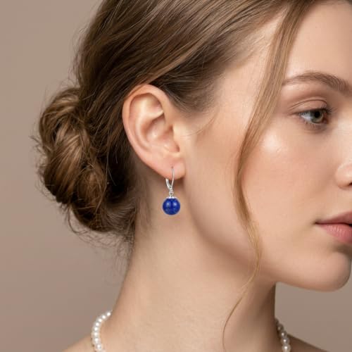 Pearl Leverback Earrings for Women Dangle Round Gemstone Earrings Birthstone Jewelry Gift Anniversary for Her - color: 19 lapis lazuli