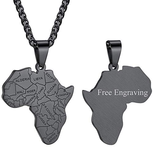 GOLDCHIC JEWELRY Africa Map Necklace for Men, Stainless Steel African Tribal/Egyptian Eye of Horus/I LOVE AFRICA/Elephant Map Hiphop Jewelry Unisex with 22'+2'Adjustable Chain - color: Africa Map - Black, style: Personalised Engraving