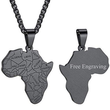 GOLDCHIC JEWELRY Africa Map Necklace for Men, Stainless Steel African Tribal/Egyptian Eye of Horus/I LOVE AFRICA/Elephant Map Hiphop Jewelry Unisex with 22'+2'Adjustable Chain - color: Africa Map - Black, style: Personalised Engraving