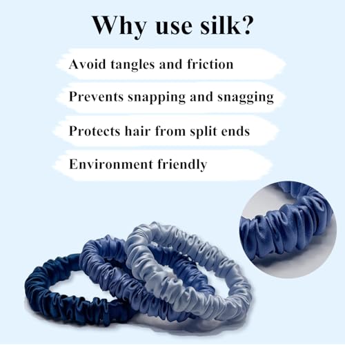 VLOMOT 3 Pcs Set 100% Pure Mulberry Silk Hair Scrunchies (Blue) | Silk Hair Ties for Thin Hair with 3 Chic Colors Everyday Skinny Scrunchies Silk Ponytail Holders Hair Care No Damage - color: Blue