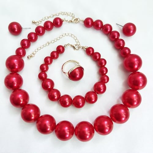 Chunky Beaded Jewelry Set, Necklace Earrings Bracelet Ring for Women Party | Simulated pearl jewelry set, necklace earrings bracelet & ring. Elegant chunky beaded, ideal gift for wedding and daily wear. - color: Red