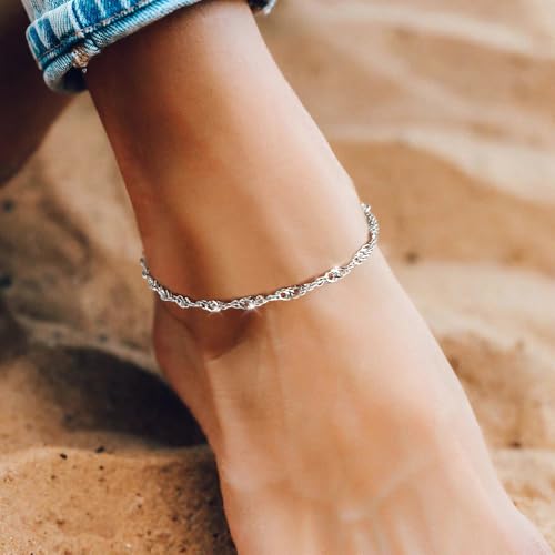 Gold Anklet Silver Ankle Bracelets for Women, 14k Gold Plated Anklets for Women Waterproof Adjustable Hypoallergenic Cute Dainty Simple Twist Chain Anklet Trendy Foot Jewelry Gift