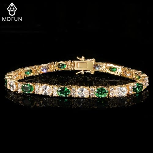 MDFUN 18K White/Yellow Gold Plated Green/Blue 5 * 7MM Oval 5A+ Cubic Zirconia Tennis Bracelet for Women Birthstone Jewelry Gift 6.5-8.5 inch - color: 18K Yellow Gold -Green