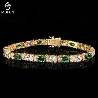 MDFUN 18K White/Yellow Gold Plated Green/Blue 5 * 7MM Oval 5A+ Cubic Zirconia Tennis Bracelet for Women Birthstone Jewelry Gift 6.5-8.5 inch - color: 18K Yellow Gold -Green