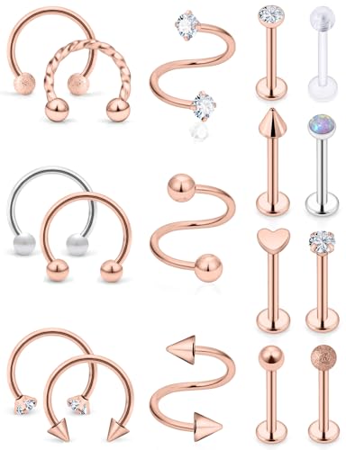 16G Horseshoe Lip Rings 316L Surgical Steel Medusa Labret Snake Bite Monroe Lip Ring 16 Gauge Tragus Forward Helix Conch Cartilage Lobe Earrings Stud Piercing Jewelry For Women Men - color: Rose Gold