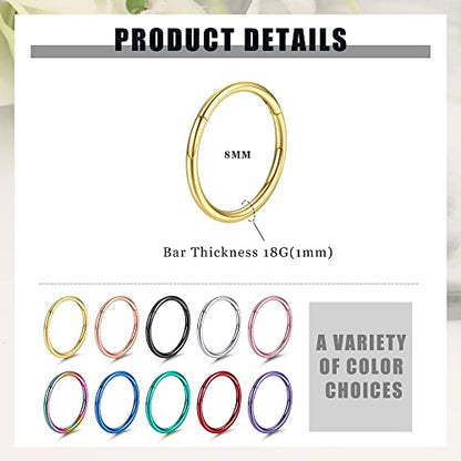 Besteel 10PCS Septum Nose Rings Hoops for Women Men - 16G 18G 316L Surgical Stainless Steel Hinged Clicker Lip Helix Rook Tragus Daith Conch Piercing Jewelry Cartilage Sleeper Earrings Set 8/10/12MM - style: 10 PCS - 18G 8MM