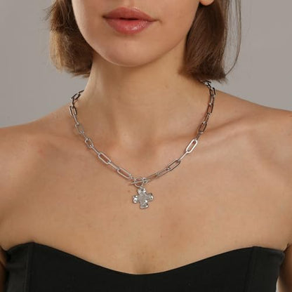 Bheop Chunky Cross Necklace for Women, 14K Gold Silver Statement Necklace | Sturdy Paperclip Chain, Hammered Pendant, Vintage Charm, Trendy Costume Jewelry, Faith Christian Religious Gift, Non Tarnish - style: SL-Toggle Necklace(0.8 inch Pendant)