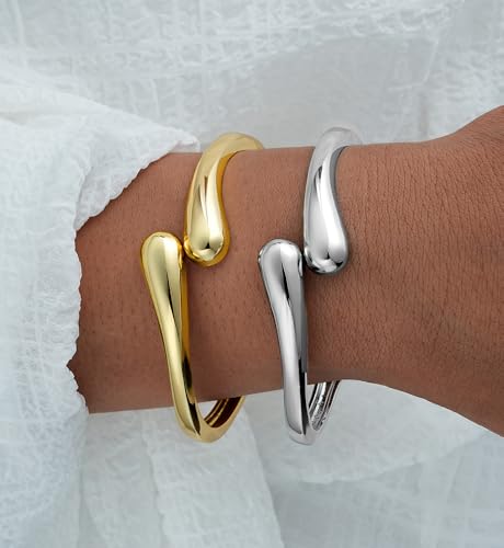 Chunky Gold Bangle Bracelets for Women, Dainty 14k Gold Plated Big Stackable Bangles Set, Trendy Statement Cuff Bracelet Stack Fashion Jewelry Gifts - style: 2 Silver & gold thin bangles