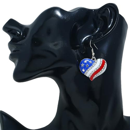 HUJUON American Flag Pendant Necklace Earring Set for Women 4th Of July Butterfly Drop Dangle Hook Earring Independence Day Usa Patriotic Choker Jewelry Gift - color: Heart Silver
