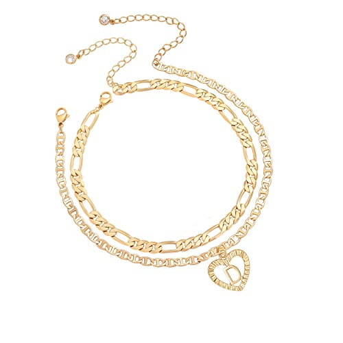 Initial Ankle Bracelets for Women 2pcs 18K Gold Plated Handmade Layered Letter Heart Figaro Chain Flat Mariner Anklets for Women Cute Summer Beach Foot Jewelry - style: Gold-D