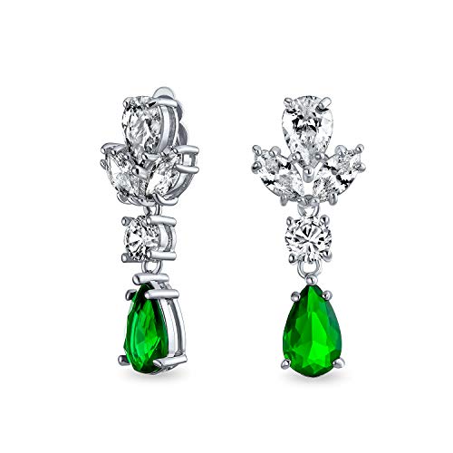 Bling Jewelry Vintage Style Simulated Gemstone Cubic Zirconia AAA CZ Statement Dangle Leaf Teardrop Formal Chandelier Clip On Earrings Wedding Prom Silver Plated - color: Green