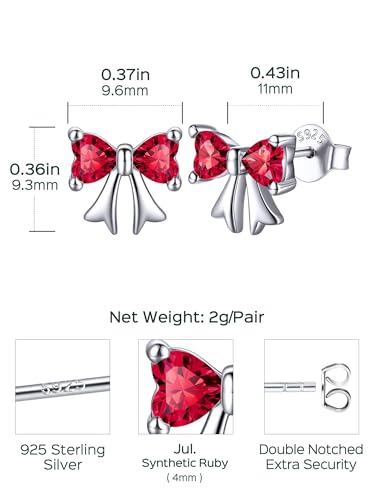 ChicSilver 925 Sterling Silver Bow/Butterfly Earrings for Women Hypoallergenic Birthstone Earrings Dainty Bow/Butterfly Jewelry Gift for Women - color: Bow-July-Ruby