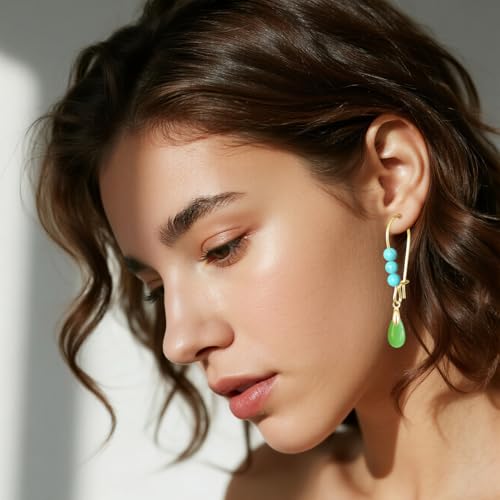 Natural Waterdrop Stone Drop Earrings,Gold Plated Real Genuine Teardrop Crystal Quartz Gemstone Pin Hoop Earrings Hooks Statement Dangle Dangling Earrings for Women Her - color: A02_Emerald