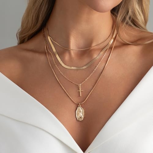 Gold Layered Necklace for Women Chunky Stacked Chain Link Paperclip Evil Eye Necklace Trendy Punk Jewelry - color: T-GoldB