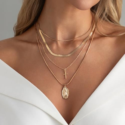 Gold Layered Necklace for Women Chunky Stacked Chain Link Paperclip Evil Eye Necklace Trendy Punk Jewelry - color: T-GoldB