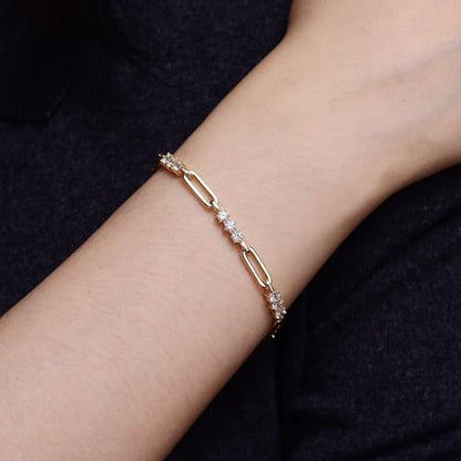 Paperclip Bracelet for Women Couple Bracelets with CZ Chain Strand Jewelry Gift for Girls - color: Style 2-Golden, 7 inches
