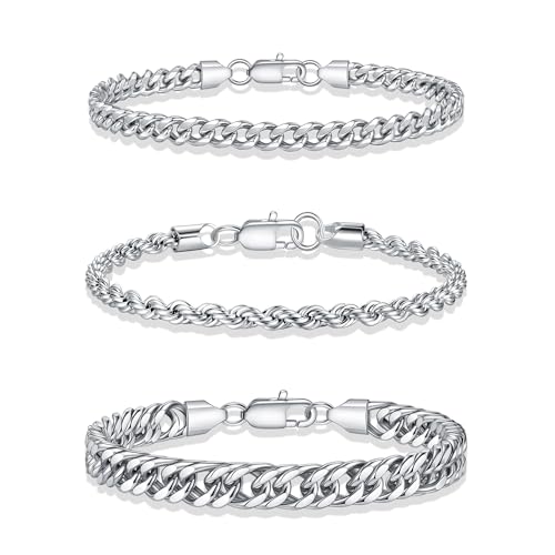 Yoosteel Silver Stackable Bracelets Stack for Men Non Tarnish | Stainless Steel Bracelet Stack, Cuban Rope Figaro Link Chain Bracelets Set, Men Trendy Jewelry Gifts, 3PCS, 7.5/8.3/9.0"