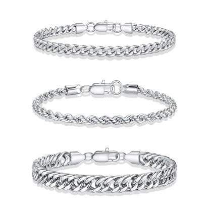 Yoosteel Silver Stackable Bracelets Stack for Men Non Tarnish | Stainless Steel Bracelet Stack, Cuban Rope Figaro Link Chain Bracelets Set, Men Trendy Jewelry Gifts, 3PCS, 7.5/8.3/9.0"