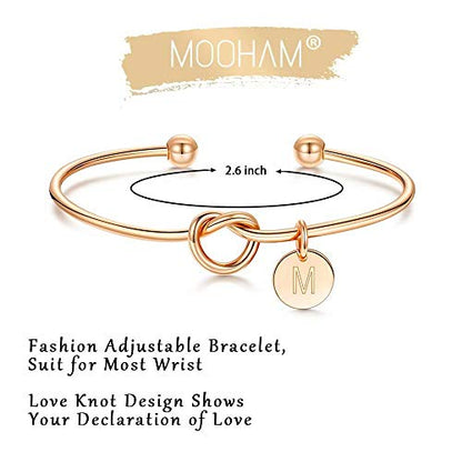 M MOOHAM Gold Initial Bracelets Gifts for Women Teen Girls - Dainty Tie the Knot Letter A-Z Initial Bracelet for Women 14K Gold Plated Cuff Bracelet Jewelry Personalized Bridesmaid Proposal Gifts - style: M - Rose Gold Plated