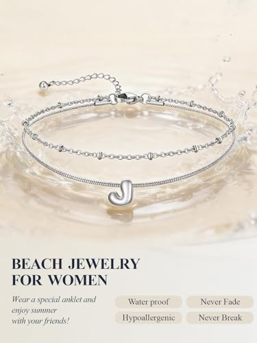 U7 Silver Gold Initial Ankle Bracelets for Women Waterproof,14K Gold Plated Initial Anklets No Tainish,Adjustable Women's Anklet Layered Ankle Summer Beach Foot Jewelry - color: Silver