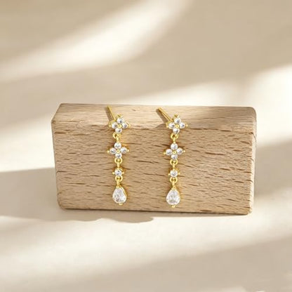Dangle Earrings for Women, Dainty Teardrop Drop Earrings 14K CZ Flower Gold Earrings for Women Trendy Bridal Earring Set Hypoallergenic Stud Dangly Earring Stack Wedding Prom Fashion Jewelry - color: cz flower drop earrings
