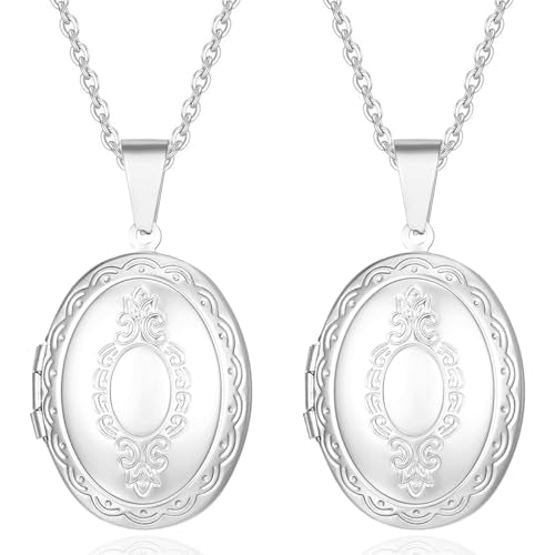 2 Pcs Locket Necklace that Holds Pictures Stainless Steel Locket Pendant Necklace Image Chain Necklaces for Women - color: Oval 2