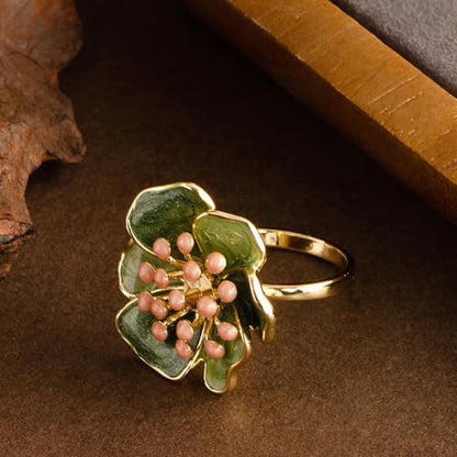 Kokoma Vintage Camellia Flower Statement Ring for Women Shiny Green Enamel Floral Ring Engagement Eternity Rings Wedding Band Adjustable Fashion Jewelry