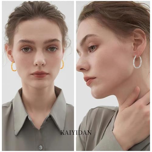 2 Pairs Gold/Silver Hoop Earrings For Women Set Trendy,14K Plated Gold Chunky Huggie Hoop Earings Pack,Oval Twisted Statement Silver Hoops,Fashion Jewelry Gift - color: 3) bamboo hoop