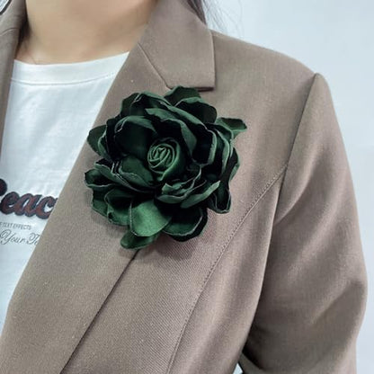 Dainty Fabric Rose Flower Large Brooch Lapel Pins Flower Brooches Pin Classic for Wedding Party Dance Banquet for Women Dress Suit Clothes Accessories Jewelry 100mm - color: Dark Green