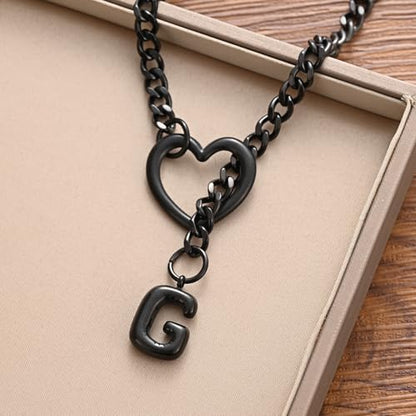 sroyte Black Heart Slip Chain Initial Necklaces for Women,Stainless Steel O-Ring Adjustable Lariat Heart Y-Necklace,Punk Gothic Cuban Collar Choker Necklace for women - color: Black G