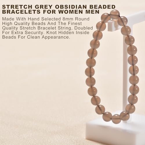Agate Round Beaded Bracelet for Women Men Natural Agates Stone Healing Bracelets Stretch Elastic Handmade Polished Gemstone Beads Bracelet - color: Grey, size: 8mm Beads