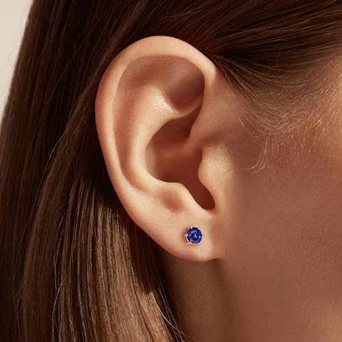 DAYBYDAY 925 Sterling Silver Birthstone Earrings for Women, Crystal Stud Earrings, 6.5mm Round Cut Solitaire Gemstone Earrings Birthday Jewelry - style: Round Cut-09. Sep/created blue sapphire