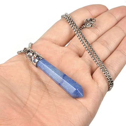 Justinstones Hexagonal Pointed Reiki Chakra Pendant Stainless Steel Chain Necklace 20 Inch Iron Gift Box - color: Blue Aventurine