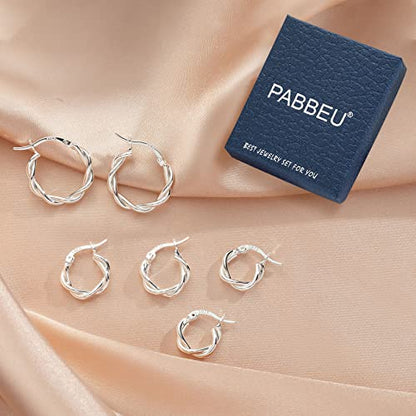 PABBEU 925 Sterling Silver Small Hoop Earrings Set for Women Hypoallergenic | 3Pairs Cubic Zirconia Small Huggie Hoop Earrings Set 13/15/20mm,Nickel-Free Lightweight Comfortable Sleeper Earrings Gift Set - color: 13/15/20mm M Silver