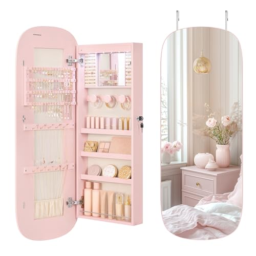 SONGMICS Jewelry Organizer, LED Jewelry Cabinet Wall/Door Mounted, Lockable Rounded Wide Mirror with Storage, Interior Mirror, 3.9 x 16.5 x 42.5 Inches, Jelly Pink Surface with Cream White Lining - color: Jelly Pink, size: 42.5"H, style: Rounded Corner Mi