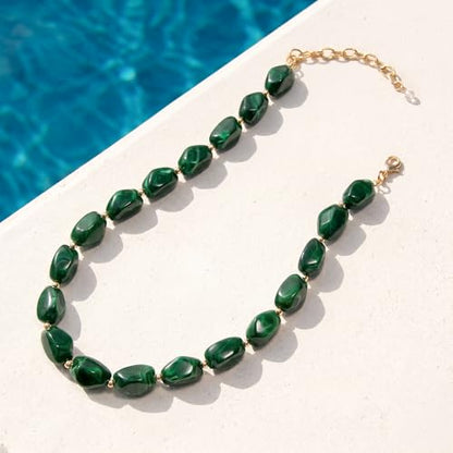 Boho Chunky Beaded Necklace for Women Lightweight Resin Beads for Summer Beach & Vacation Trendy Statement Jewelry Gift for Her - color: Dark Green