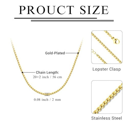 Eusense Stainless Steel Chain Necklace for Men Women Rolo/Wheat/Snake/Box Chain, 2-3MM, 20-24 Inches with Delicate Gift Box - color: 14K Gold-Plated, size: 20+2 Inches Length, style: Rolo Chain-2MM Width
