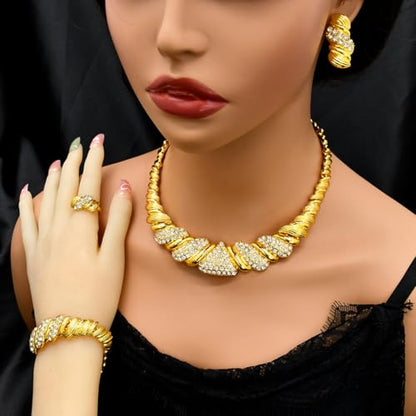 Fashion Crystal Jewelry Set For Women 18 K Gold Plated Jewelry Wedding Bride Dubai Gold Necklace Earrings Bracelet Ring 4 Pieces Set - color: S-709