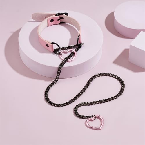 Slip Chain Necklace with Leather Choker Stainless Steel Cuban Link Long Lariat Necklace Punk Rock Heart Chain Necklace Handmade Collar for Women - color: Pink&Black