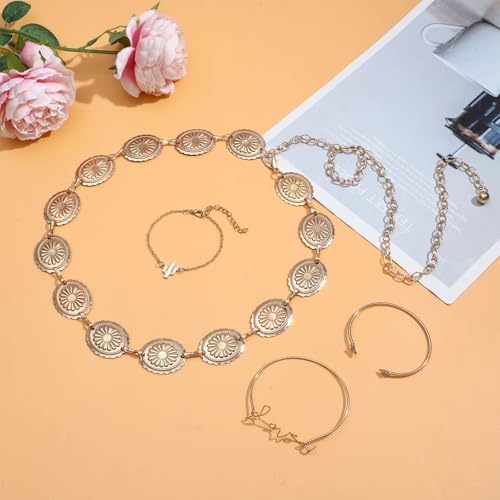 NEWITIN 15 Pieces Gold Bohemian Jewelry Set for Women Turquoise Jewelry Set | Costume Gold Jewelry, Western Jewelry, Belt Chain Necklaces Bracelets Rings Earrings Set for Women Party Daily, Women Gifts - color: Yellow
