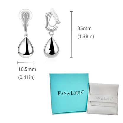 FAN&LOUIS Gold Sliver Teardrop Clip On Earrings for Women，Non-Pierced Trendy Statement Dangle Water Drop Women's Hypoallergenic Clip-On Earrings - style: Silver