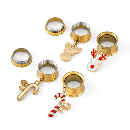 ERKUOO 4PCS Christmas Ear Tunnels Set Stainless Steel Double Flare Gold Tone Plug Gauges with Santa Snowman Reindeer Candy Cane Dangle Charms Holiday Stretching Jewelry Gift for Women Men 6mm-25mm - color: Reindeer & Candy Cane Set, size: 25mm